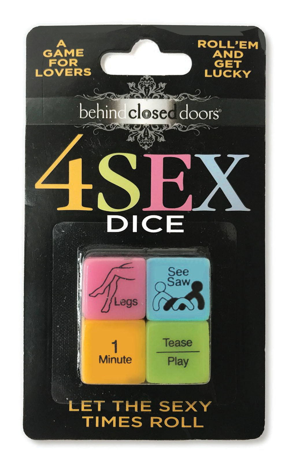 4 Sex Dice game packaging featuring colorful dice with playful sexual prompts for couples' fun.