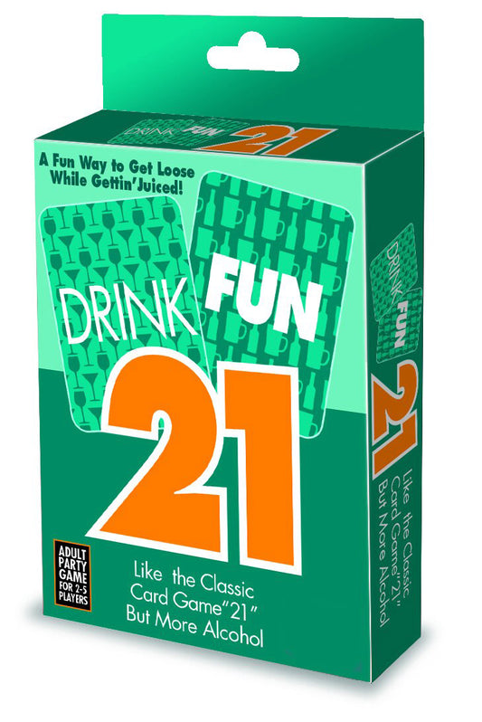 Drink Fun 21 card game packaging, featuring a bold design and tagline for an adult drinking game.