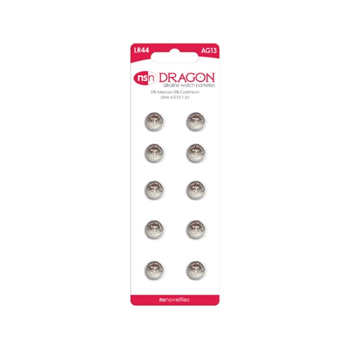Dragon AG13 LR44 alkaline batteries 10 pack on a display card, offering long-lasting power for devices.