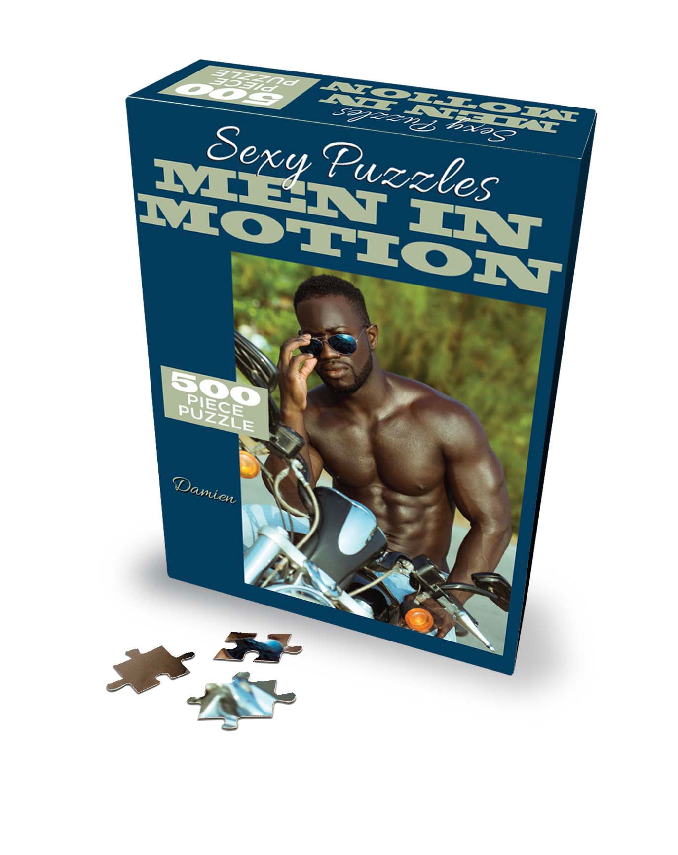 Sexy Puzzle Men in Motion featuring a shirtless man, 500 pieces, with a motorcycle theme.