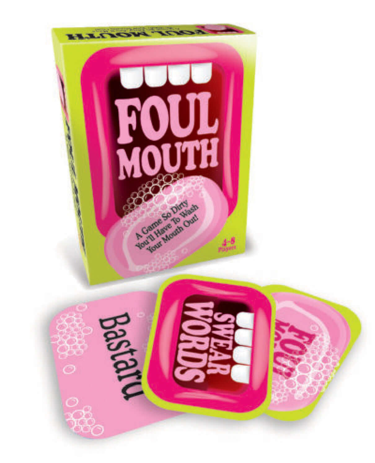 Foul Mouth card game box and cards featuring swear words, designed for adult gameplay and fun.