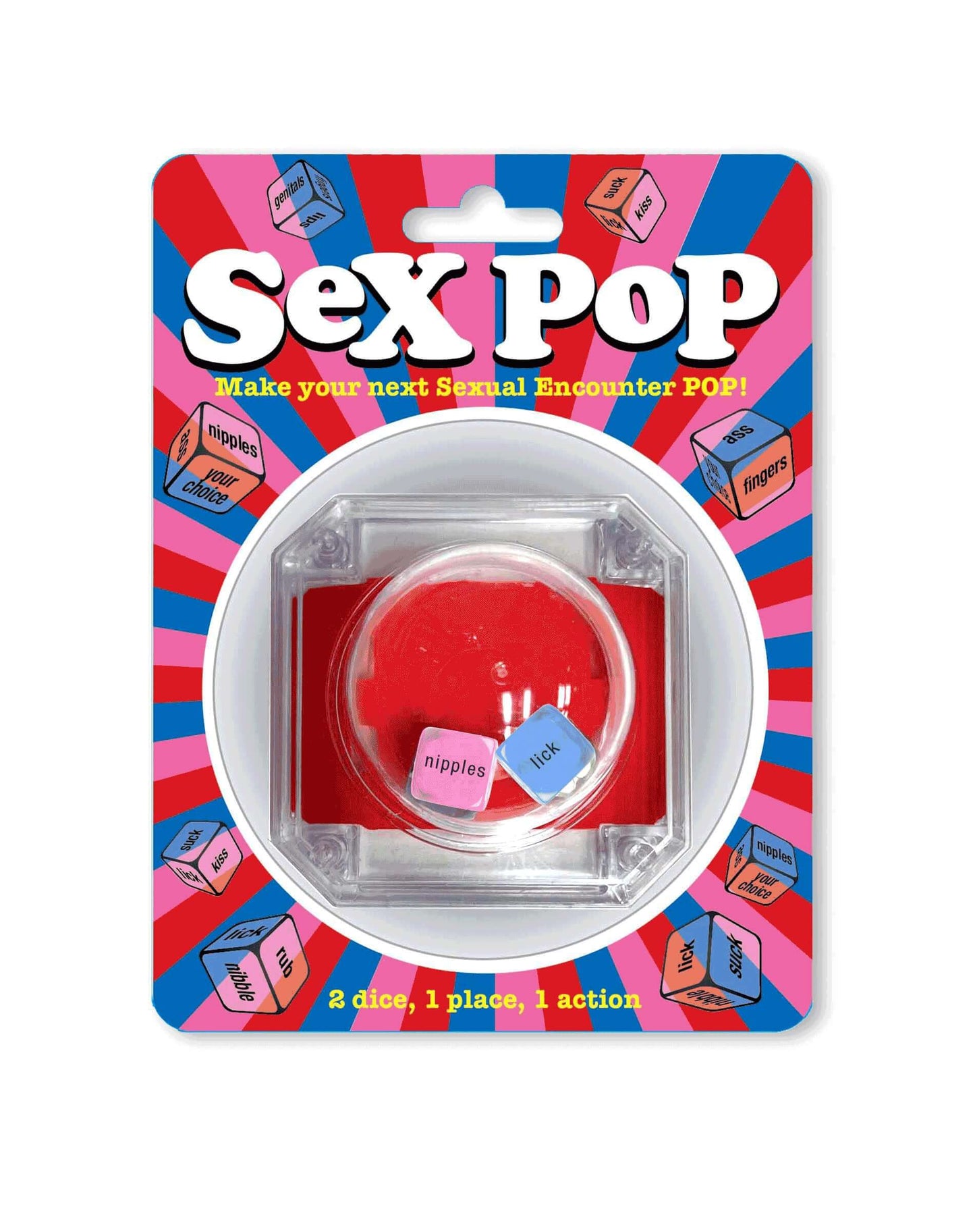 Sex Pop Popping Dice Game with colorful packaging, featuring action and body part dice for fun adult play.