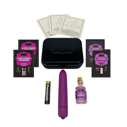 Weekender Kit Vibe Raspberry Dreams The all new Vibe Weekender Kit is here! Be ready for spontaneous fun with the perfect mix of Kama Sutra luxuries and a battery powered mini vibe with 10 vibration settings. Perfect portions fit comfortably in a pocket,