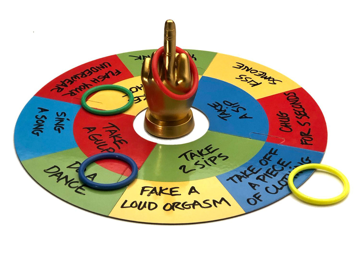 Let’s Get F*cked Up Ring Toss game featuring colorful dare wheel and gold finger centerpiece for adult party fun.