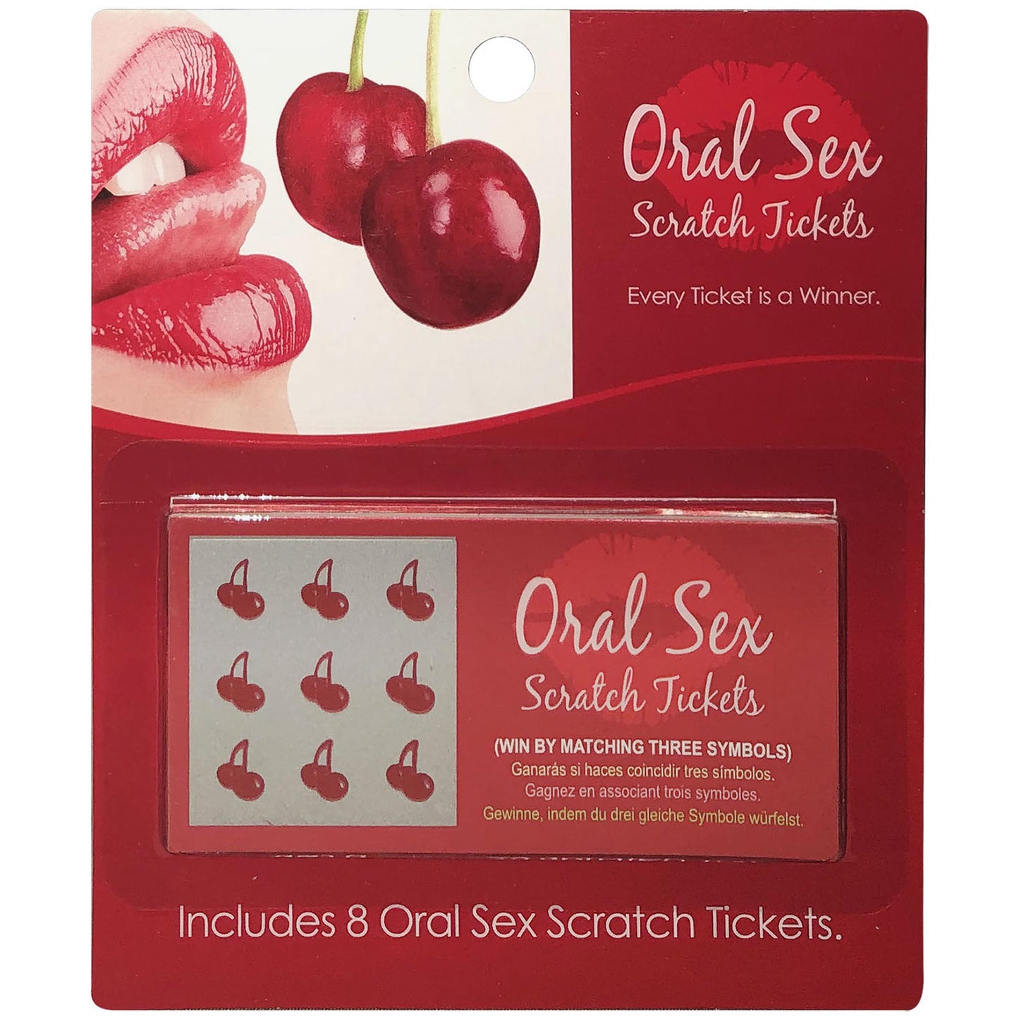 Oral Sex Scratch Tickets packaging featuring cherries and bold text, includes 8 winning tickets for adults.