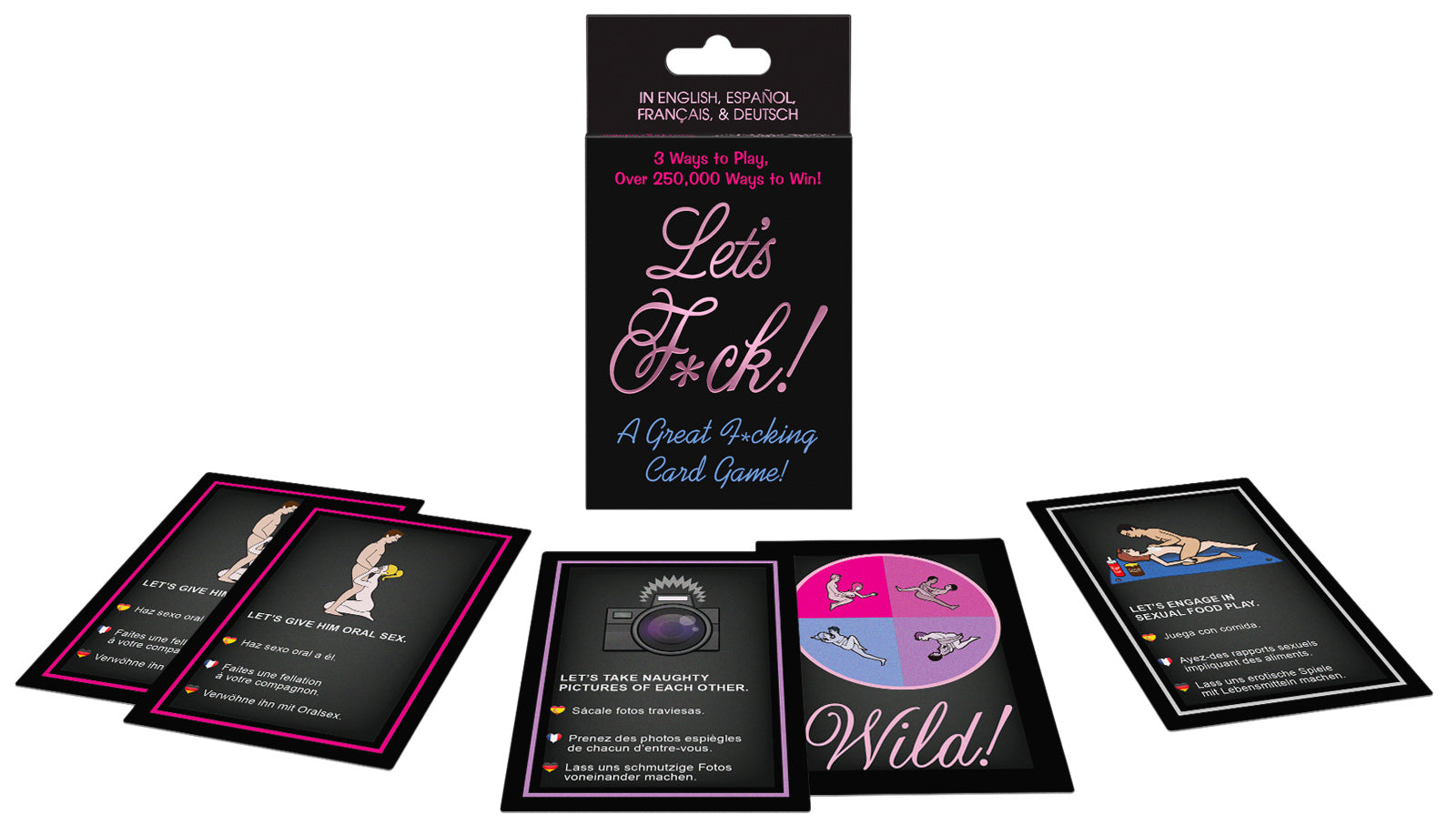 Let's F*Ck card game packaging and cards showcasing adult fun and passion for game night entertainment.