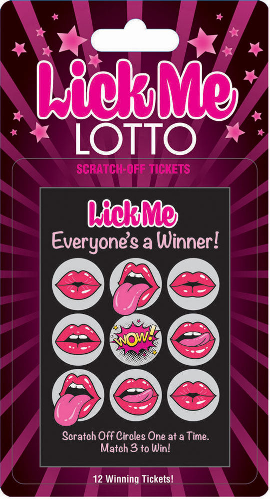 Lick Me Lotto scratch-off tickets featuring playful kiss graphics and the slogan 'Everyone's a Winner!' for adult fun.
