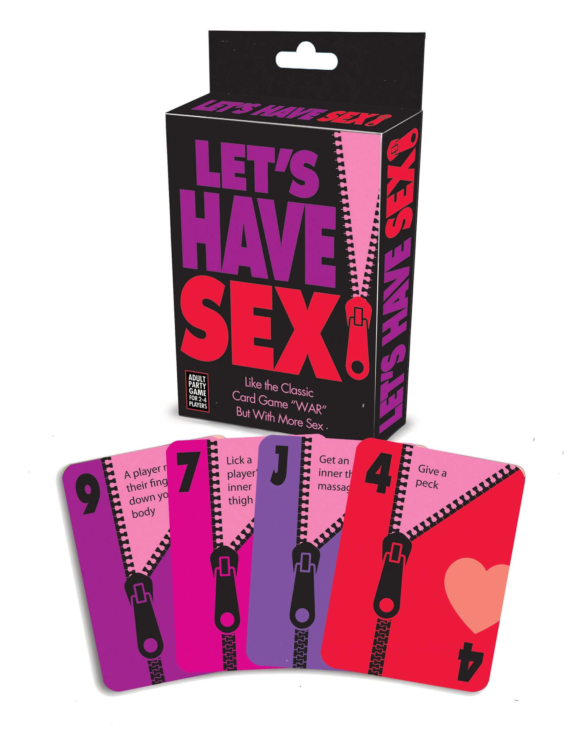 Let's Have Sex card game box and cards, featuring playful sexual challenges for adults.
