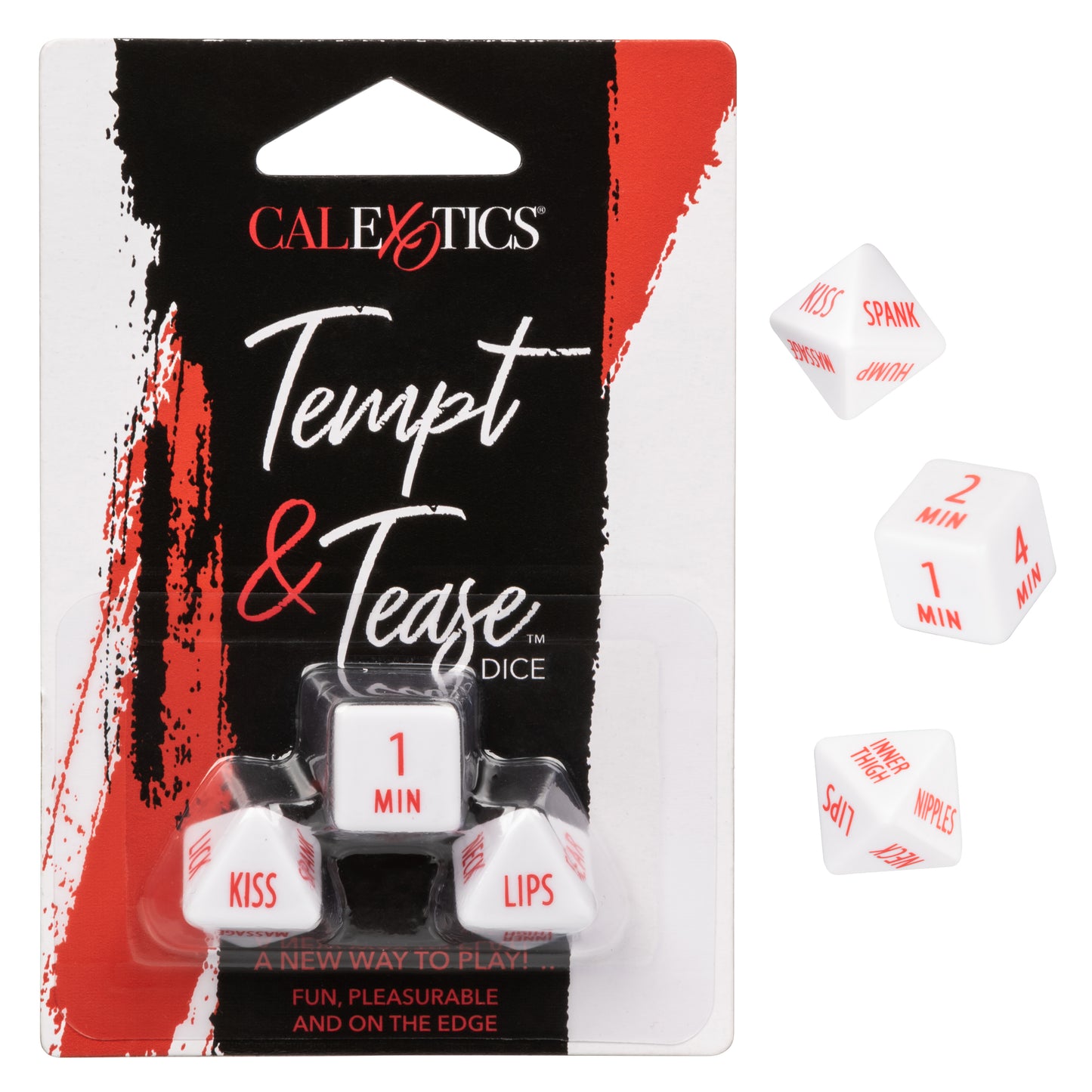 Tempt and Tease Dice set featuring playful instructions for intimate activities and durations for couples.