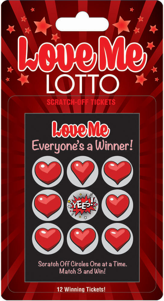 Love Me Lotto scratch-off tickets featuring heart designs, promising fun and excitement for couples.