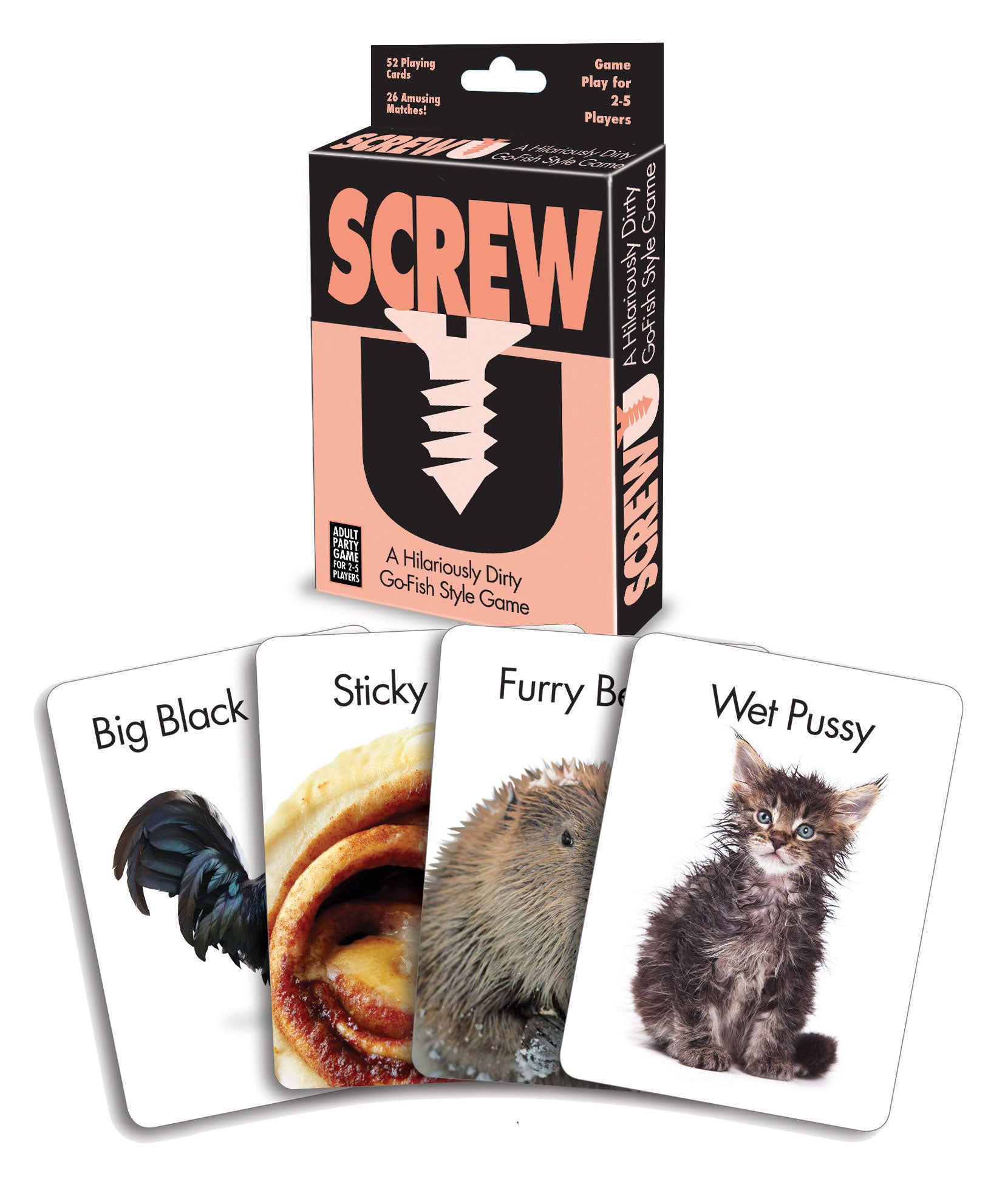 Screw U adult party game box with cards featuring funny phrases for a hilarious go fish style experience.